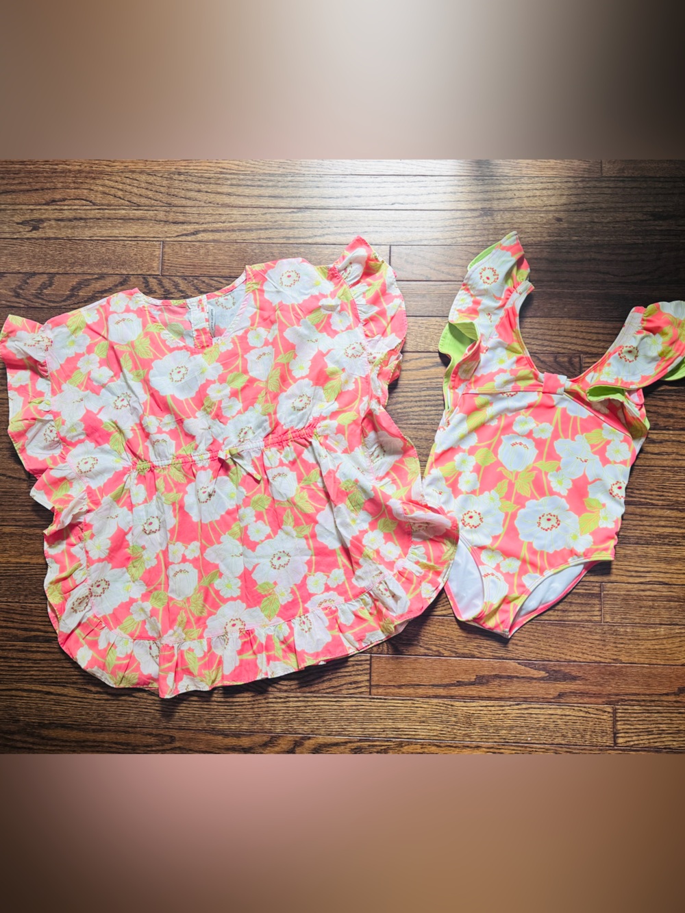 Janie and Jack Coral, White & Lime Floral Swimsuit and Cover-Up Set
